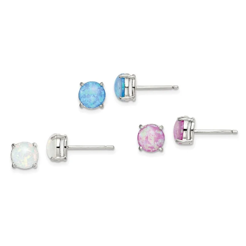 Curata 925 Sterling Silver Pink White and Blue Simulated Opal Stud Three Set Of Earrings Ri Jewelry Gifts for Women