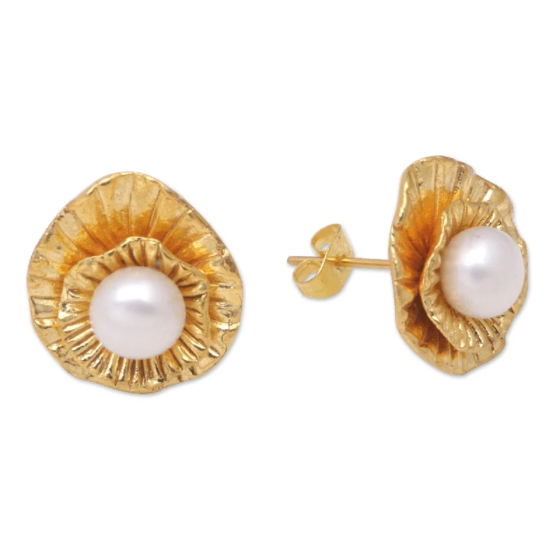 Novica Handmade Pearly Lotus Gold-Plated Cultured Pearl Button Earrings