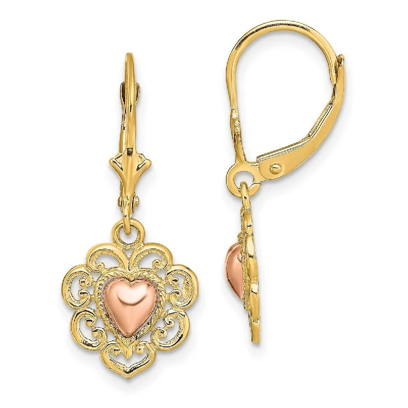 Curata 14k Yellow Gold Two Color Love Heart With Lace Fringe Leverback Earrings - 26.6x10.8mm