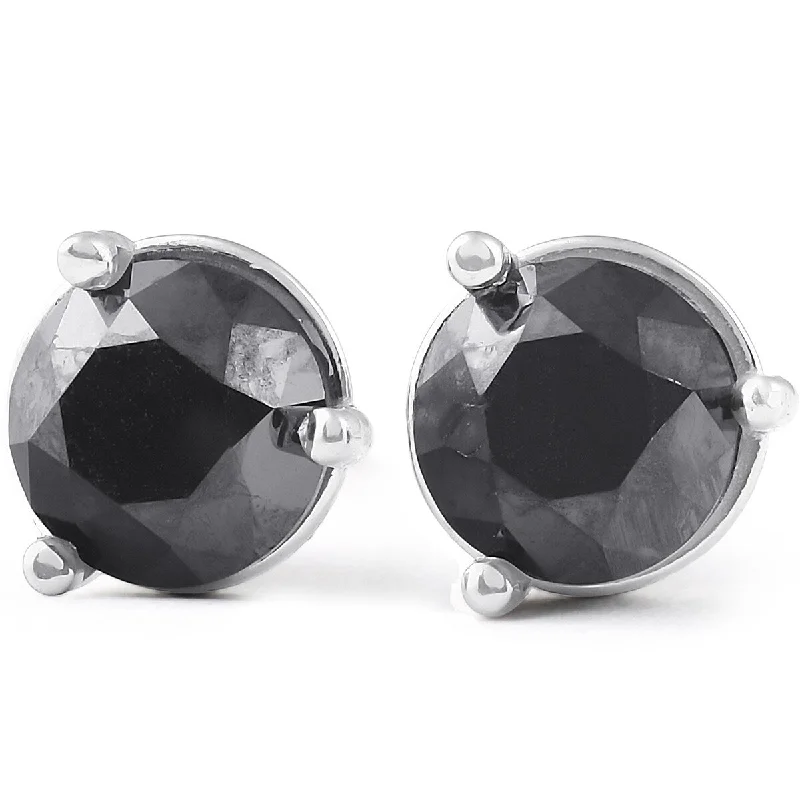 2 Ct Black Diamond Martini 3-Prong Studs 14k White Gold Earrings