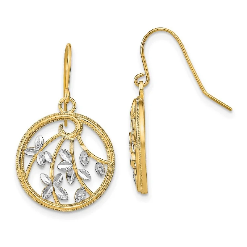 Curata 14k Yellow Gold Round Frame With White Leaves Wire Earrings - 27x16mm