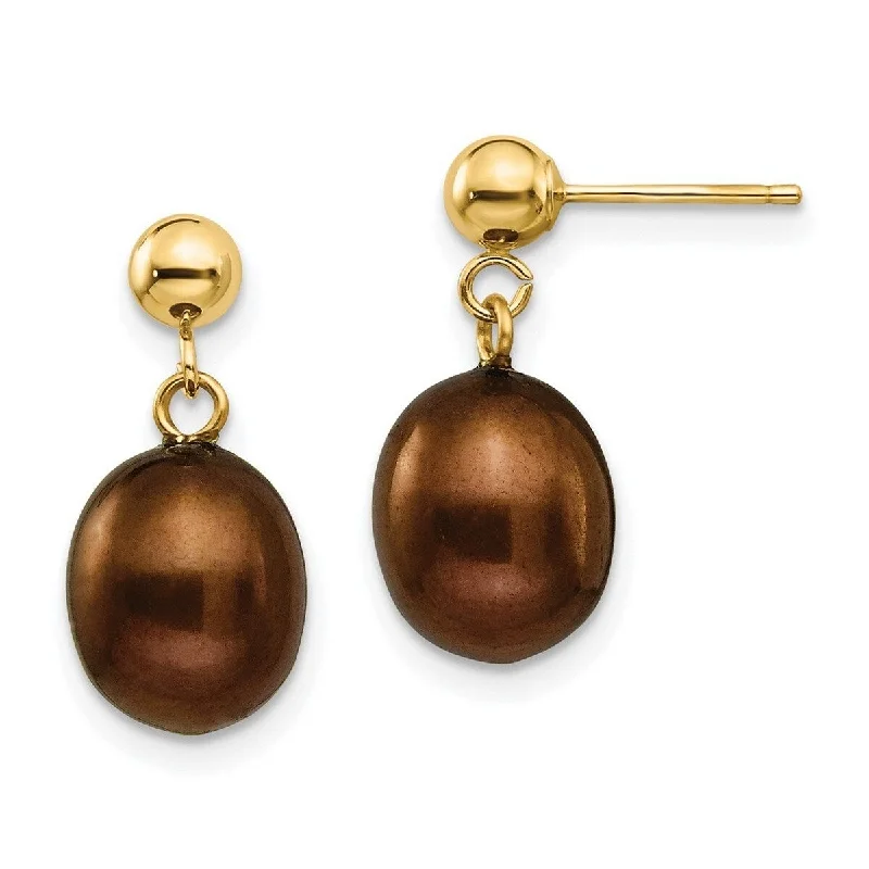 Curata 14k Yellow Gold 8-8.5mm Brown Freshwater Cultured Pearl Dangle Earrings 18x8.5mm