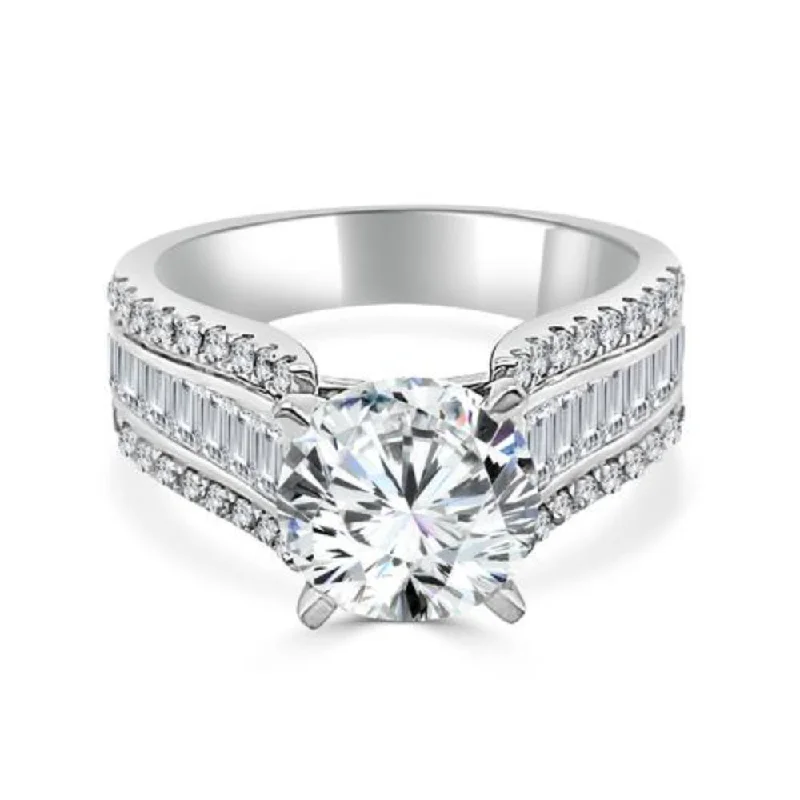 14k Baguette and Round Diamond Cathedral Engagement Ring