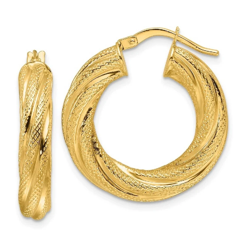 Curata 14k Yellow Gold Polished Textured Twist Round Hoop Earrings - 24.9x23.6mm