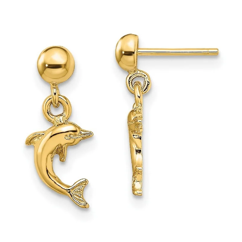 Curata 14k Yellow Gold Mini Jumping Dolphin Long Drop Dangle Earrings - 16.25x7mm