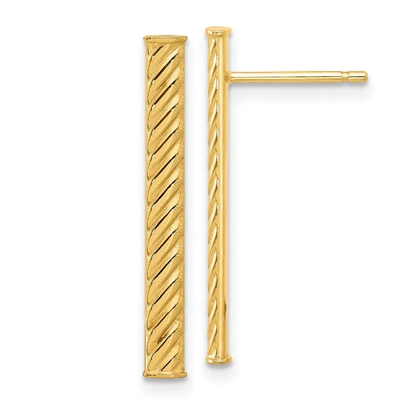 Curata 14k Yellow Gold Polished and Textured Bar Post Earrings - 25.47x2.91mm