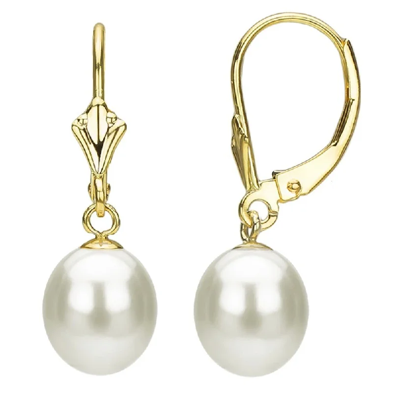 DaVonna 14k Yellow Gold Pearl Leverback Earrings with Gift Box (8 - 9mm)