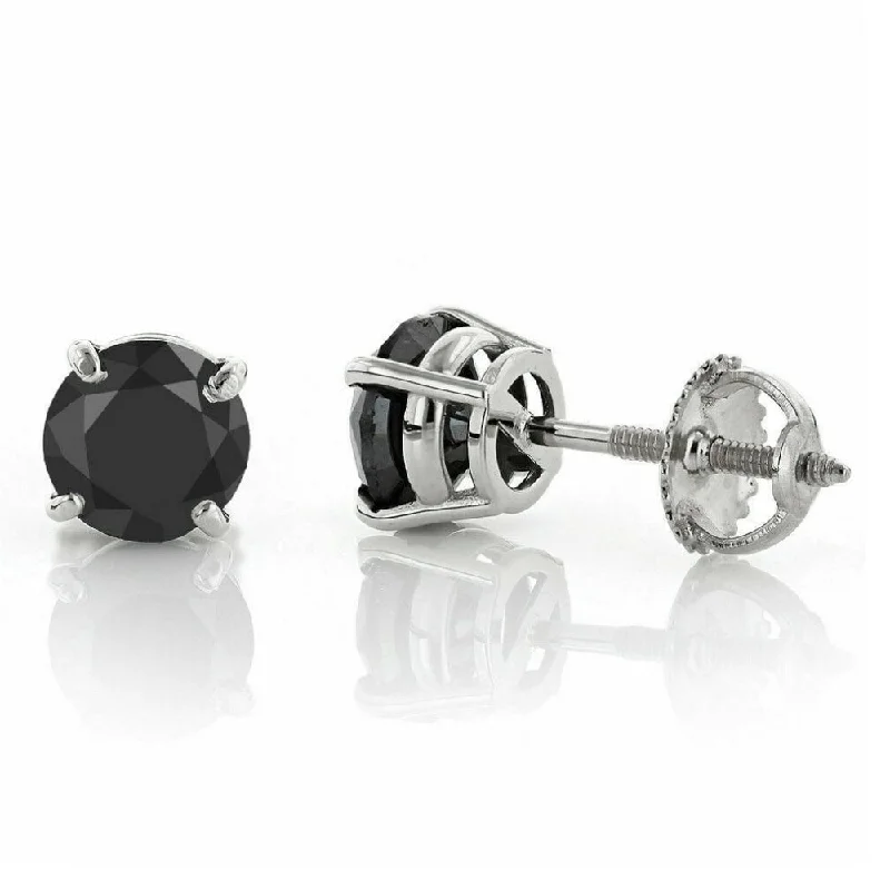 2 1/2ct Black Diamond Screw Back Studs Womens Earrings White Gold