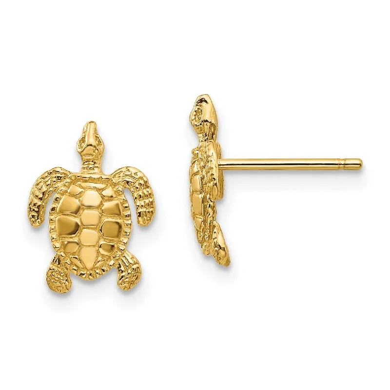 Curata 10k Yellow Gold Sea Turtle Post Earrings - High Polish and Textured 11.23x8.03mm