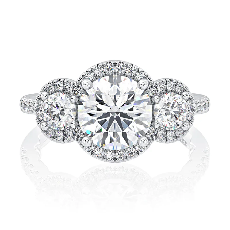 A. JAFFE Three Stone Round Center Diamond Engagement Ring with Round Diamond Halos