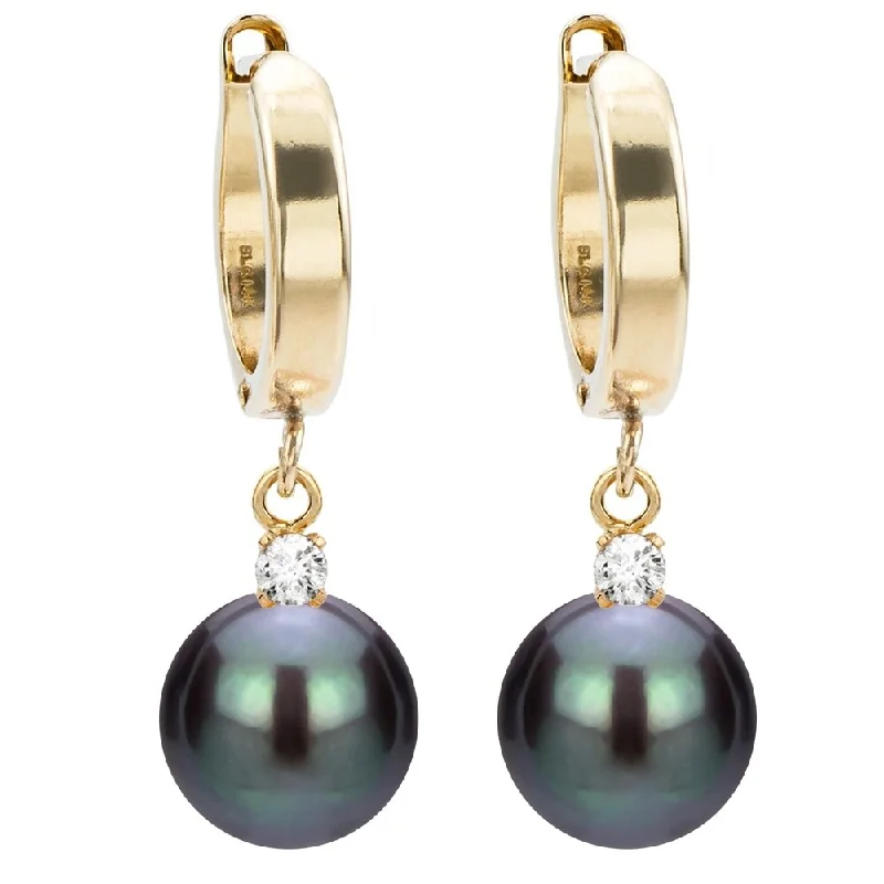 DaVonna 14k Yellow Gold 1/10cttw Diamond Black Freshwater Pearl Leverback Dangle Earrings