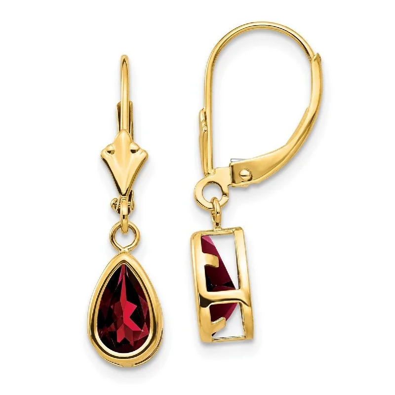 Curata 14k Yellow Gold 8x5mm Pear Garnet Leverback Earrings