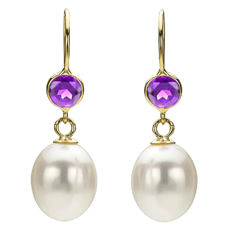 DaVonna 14k Gold White FW Pearl and Amethyst Drop Earrings (7-7.5 mm)