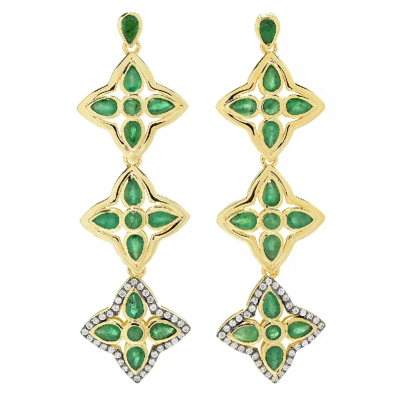 18k Yellow Gold Over Sterling Silver Brazilian Emerald And White Zircon Gemstone Drop Earrings