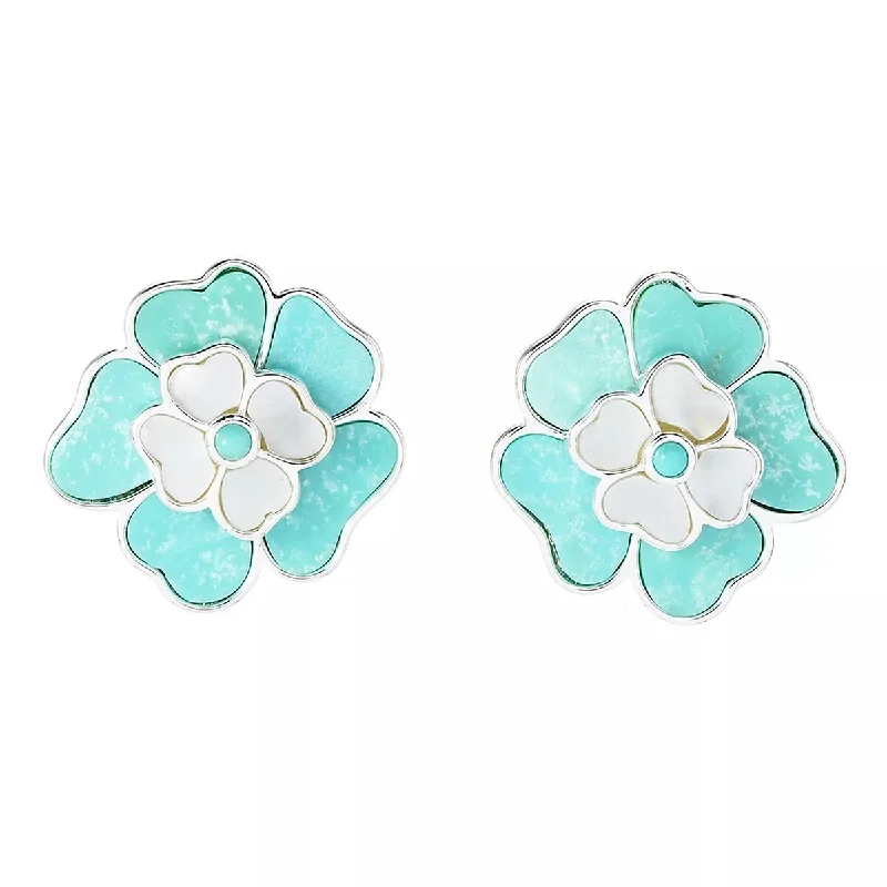 925 Sterling Silver Pearl, Campitos Turquoise Gemstone Flower Earrings