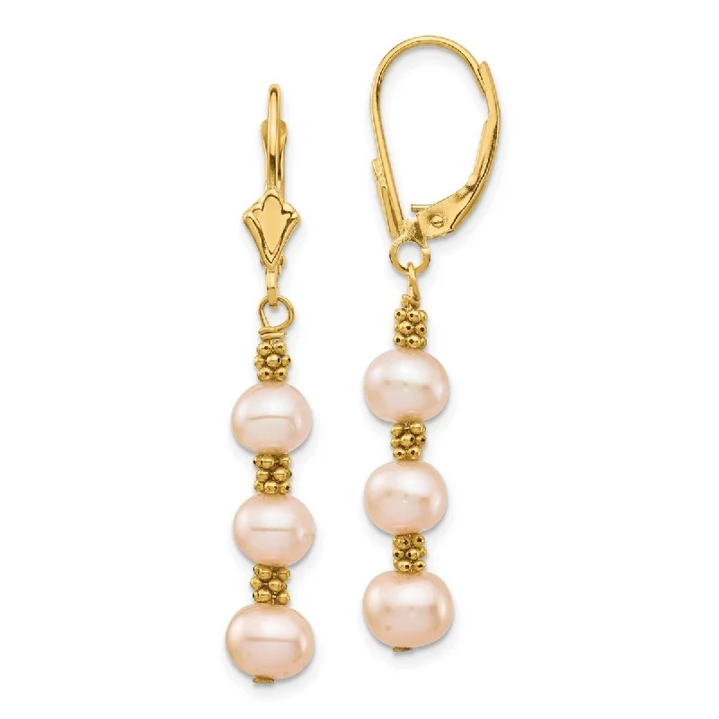 Curata 14k Yellow Gold 5-6mm Pink Semi Round Freshwater Culutured Pearl Leverback Earrings (41.45mm)