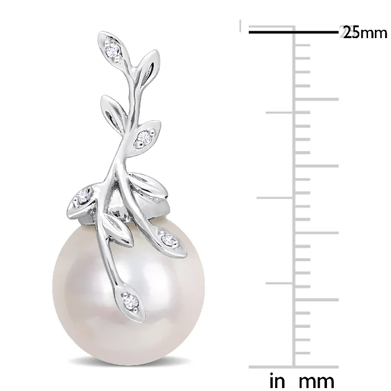 Miadora 11-12mm Cultured Freshwater Pearl & Diamond-Accent Leaf Earrings 14k White Gold