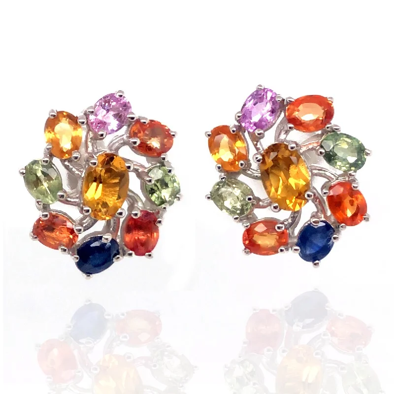 925 Sterling Silver Citrine and Multi Sapphire Gemstone Stud Earrings