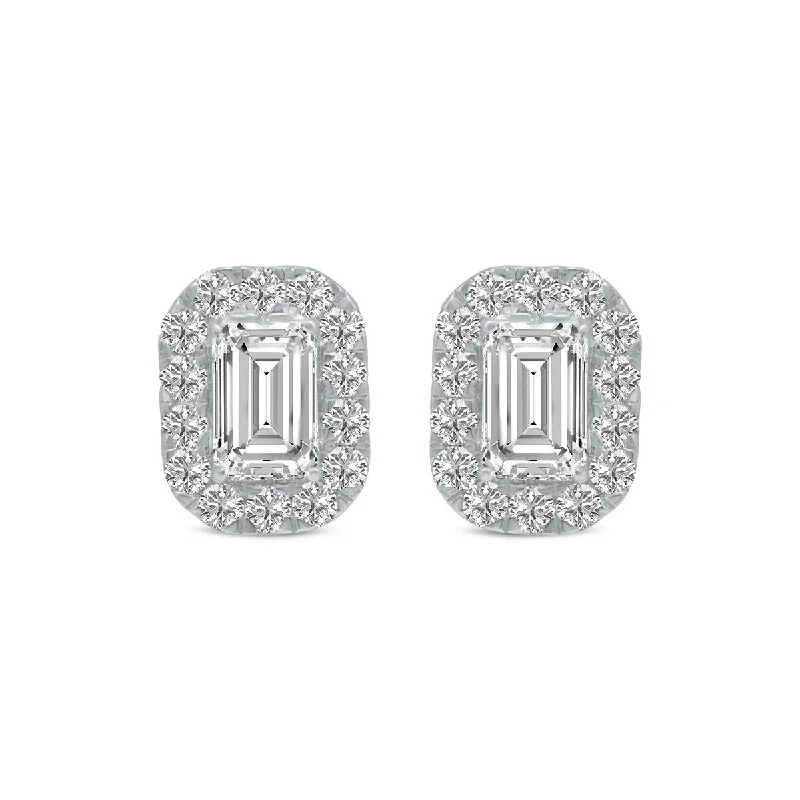 Marquee 1.50 Carat TW Emerald Cut Lab Grown Diamond Halo Earrings in 14K White Gold