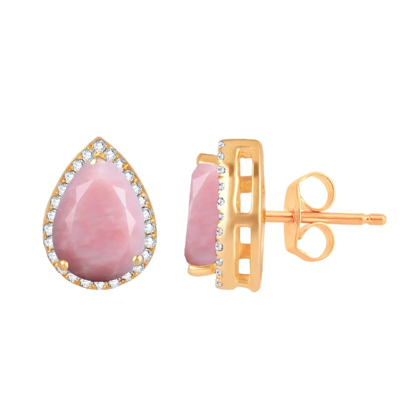 Natural Pink Opal and White Zircon Gold Over Sterling Silver Halo Stud Earrings