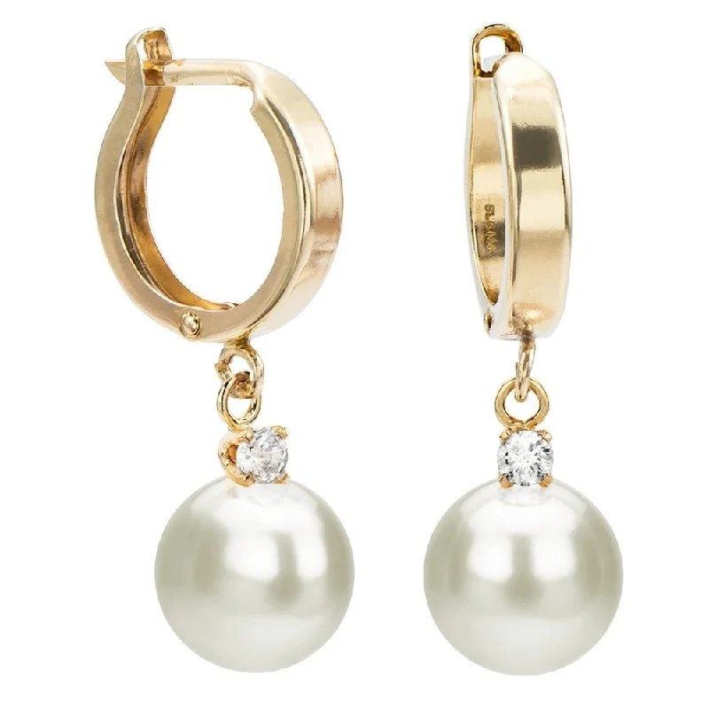 DaVonna 14k Yellow Gold 1/10cttw Diamond White Freshwater Pearl Leverback Dangle Earrings