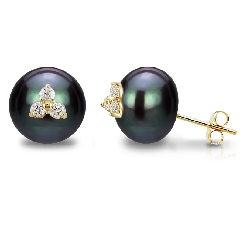 DaVonna 14k Yellow Gold CZ Flower Charms Button Shape 10-11mm Black Freshwater Pearl Stud Earrings