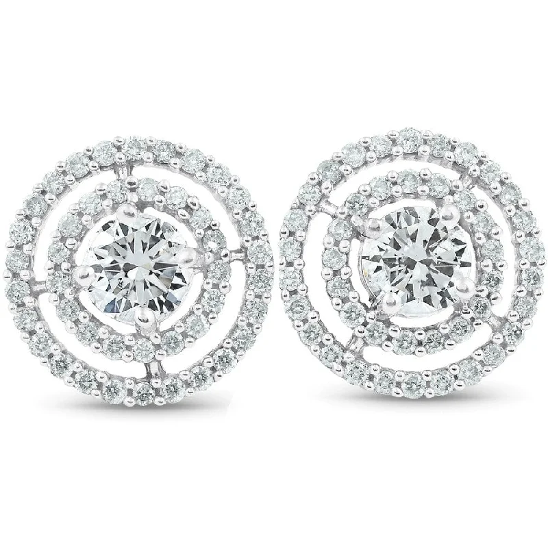 10k White Gold 1 3/4 Ct TDW Diamond Double Halo Studs Womens Earrings